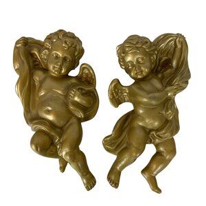 Homco Cherubs Angels Wall Decor Set Of 2 Gold Plastic Christmas Holiday